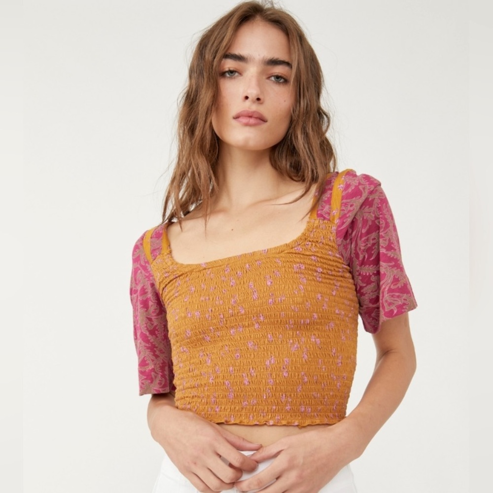 Free People Marigold Square Neck Contrast Short Sleeve Floral Print Top